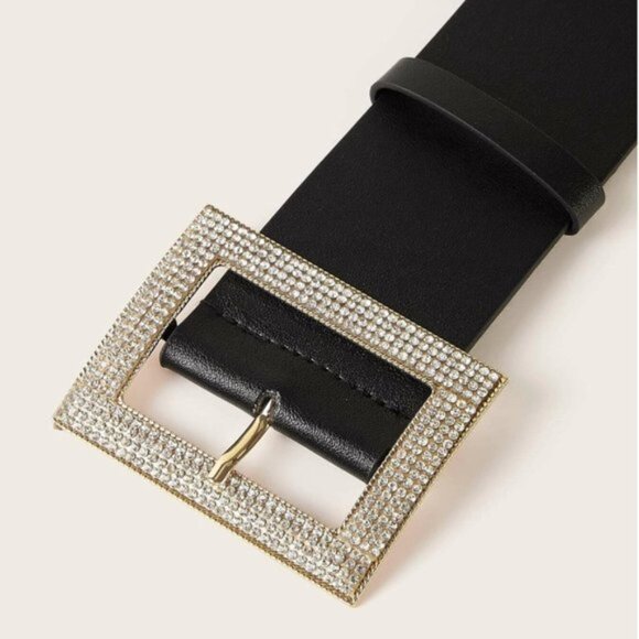 Vegan Leather Rhinestone Rectangle Buckle Belt - Picture 3 of 3